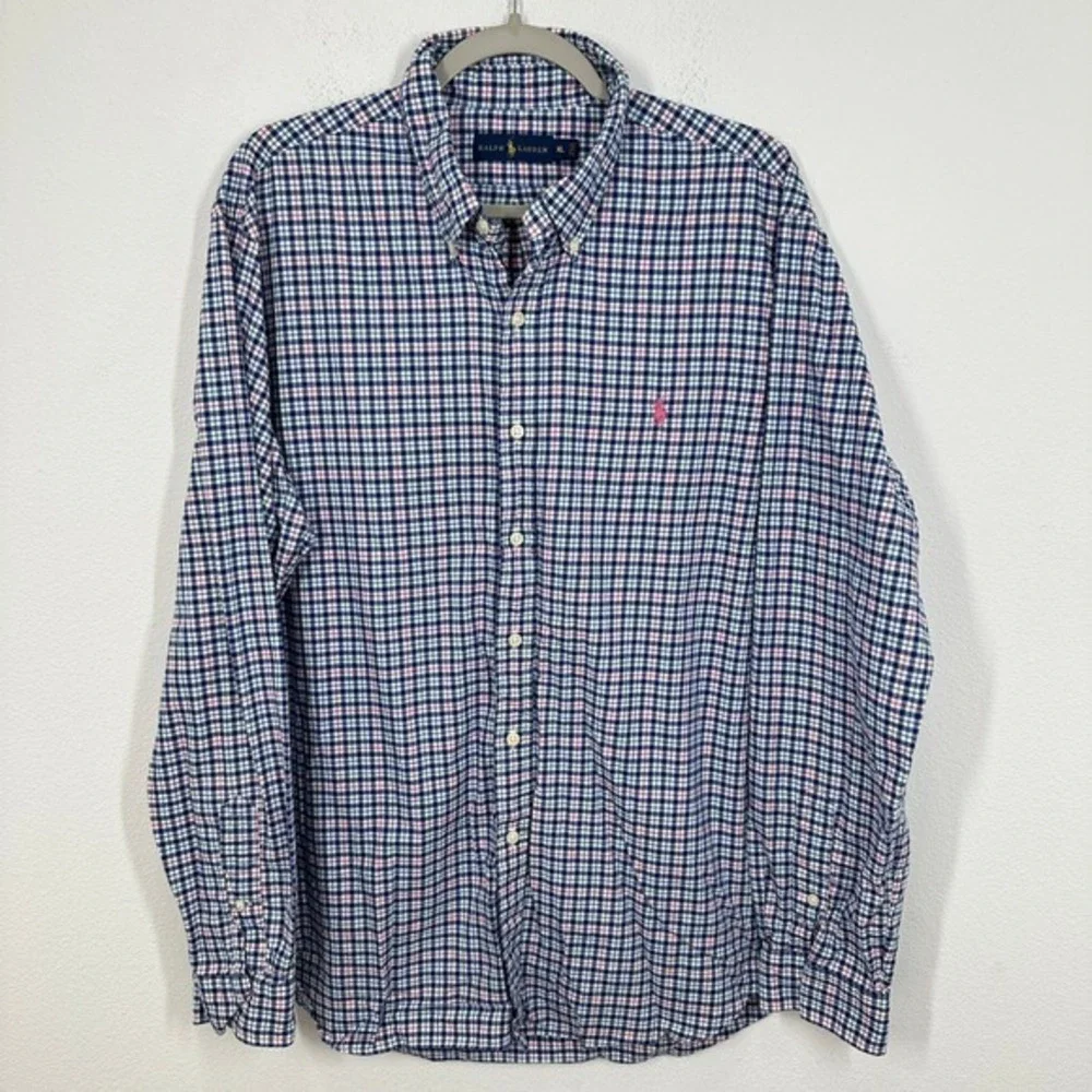 Polo Ralph Lauren Men's XL Blue Pink‎ Gingham Button Down Shirt Preppy Career
